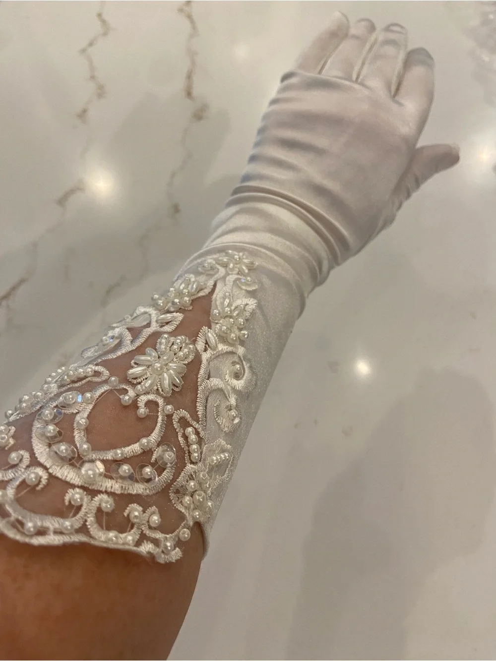 Vintage Bridal Gloves White Satin Elbow Length Stretch w/ Lace Detail NEW